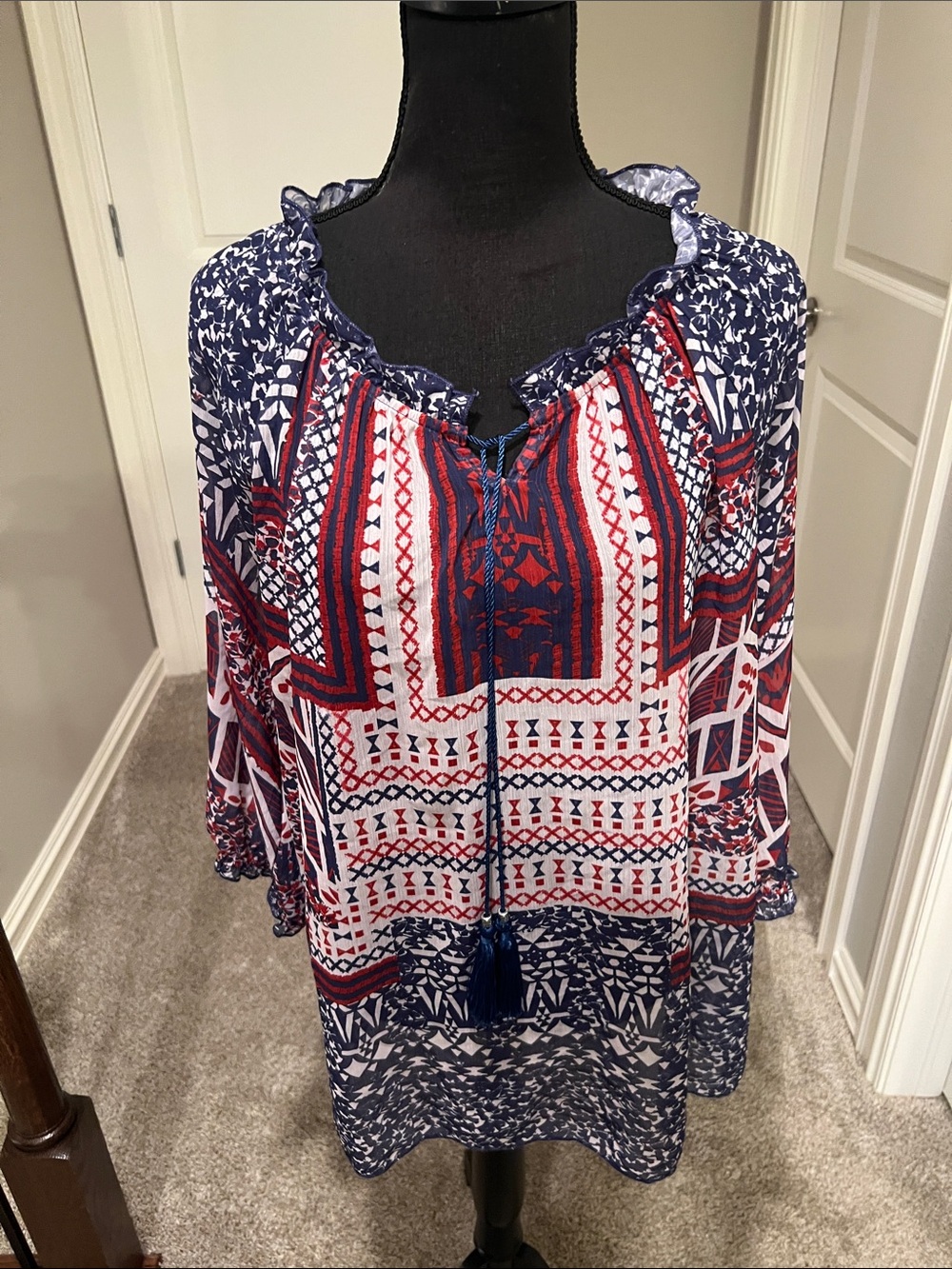 Boho Navy and Red Printed Peasant Tunic Size 1X